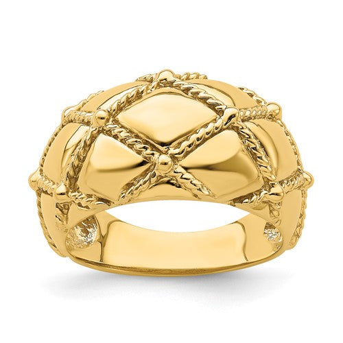 14k gold quilted rope design dame ring from Solomon Jewelers, showcasing intricate textured craftsmanship in a close-up shot.