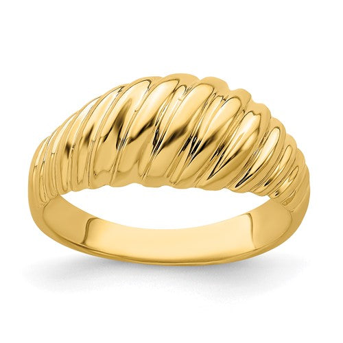 14k polished shrimp dome ring by Solomon Jewelers, showcasing a detailed, shiny gold design in a close-up jewelry image.
