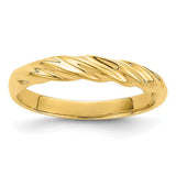 14k polished thin ribbed dome ring from Solomon Jewelers, showcasing a sleek, shiny gold design with subtle ribbed texture.