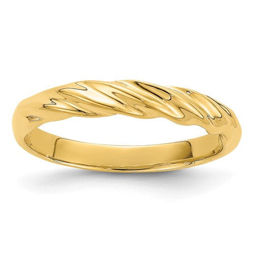 14k polished thin ribbed dome ring from Solomon Jewelers, showcasing a sleek, shiny gold design with subtle ribbed texture.
