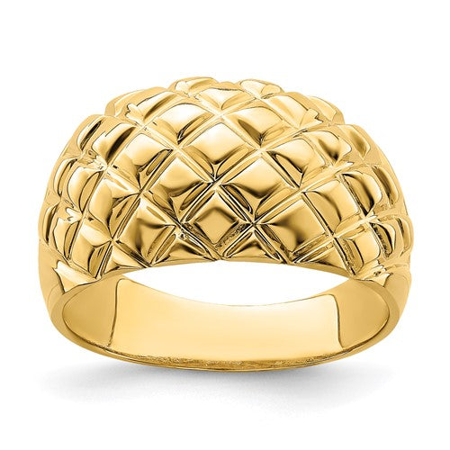 14k gold polished basket weave pattern ring, jewelry ring with intricate textured design, handcrafted by Solomon Jewelers.
