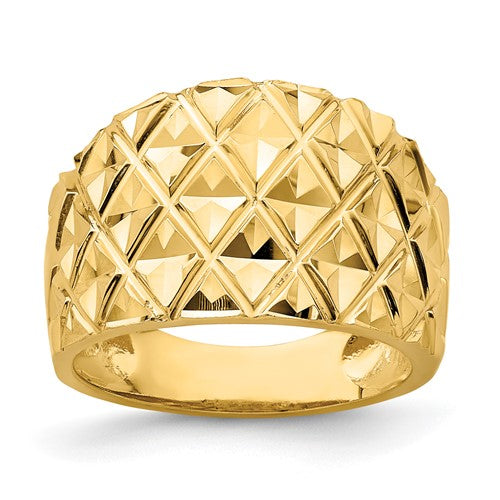 14K gold diamond-cut quilted pattern dome ring from Solomon Jewelers, showcasing a textured, elegant jewelry ring design.