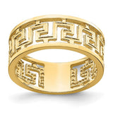 14K gold polished Greek key design ring with cut-out pattern, classic jewelry band by Solomon Jewelers.