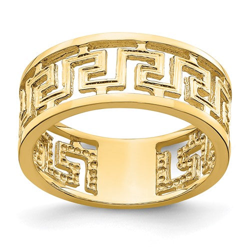 14K gold polished Greek key design ring with cut-out pattern, classic jewelry band by Solomon Jewelers.