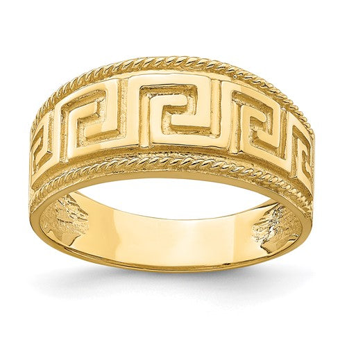 14k gold Greek key pattern dome ring, stylish jewelry piece with intricate design, by Solomon Jewelers.