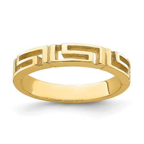 14k gold cut-out Greek key band ring from Solomon Jewelers, featuring intricate geometric design and polished finish.