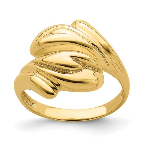 14k polished beaded swirl crossover ring with intricate design, crafted by Solomon Jewelers in fine jewelry style.