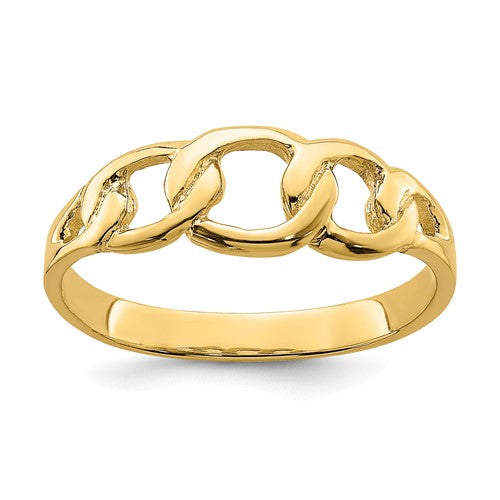 14K polished chain link ring from Solomon Jewelers, showcasing a smooth, shiny gold band with interconnected links.