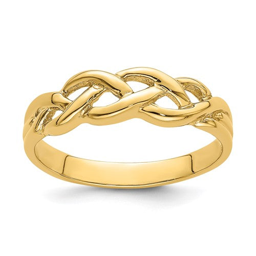 14k polished braided knot ring from Solomon Jewelers, showcasing a sleek, elegant jewelry ring with intricate braided design.