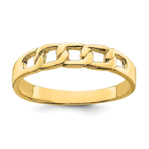 Polished 14k gold link band ring from Solomon Jewelers, showcasing a smooth, shiny jewelry ring with interconnected links.