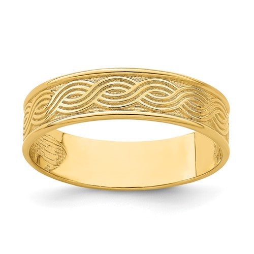 14k gold wave engraved thumb ring in size 9, featuring a sleek, textured design with intricate wave pattern from Solomon Jewelers.