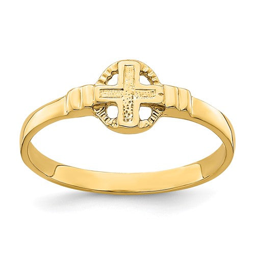 14k polished gold cross in circle ring featuring a sleek design, crafted by Solomon Jewelers for elegant jewelry collection.
