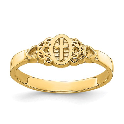 14K gold cross inside oval ring with scroll and heart design, featuring elegant jewelry craftsmanship.