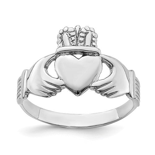 14k white gold polished Claddagh ring, jewelry ring featuring traditional design, crafted by Solomon Jewelers.