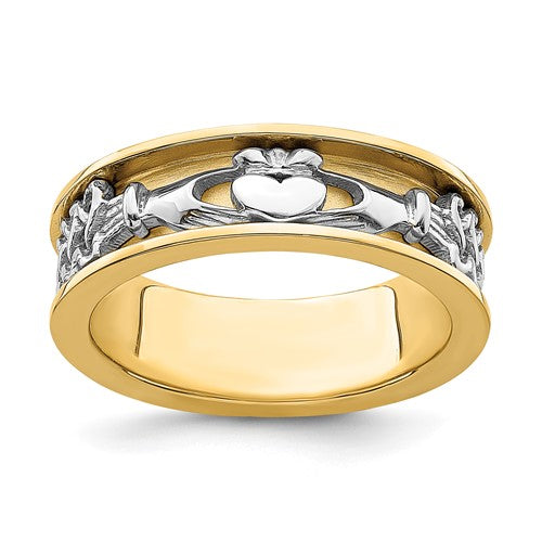 14k two-tone Claddagh ring from Solomon Jewelers showcasing detailed heart and crown design in gold and silver tones.