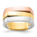 Tri-color 14k gold flat top ring from Solomon Jewelers, featuring contemporary design in yellow, white, and rose gold tones.