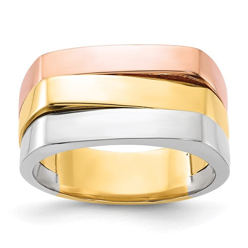 Tri-color 14k gold flat top ring from Solomon Jewelers, featuring contemporary design in yellow, white, and rose gold tones.