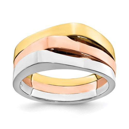 14k tri-color gold ring with triple peaked top band, showcasing layered yellow, white, and rose gold design.