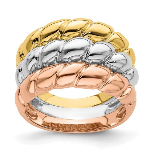 14k tri-color gold shrimp band ring with intertwined design, crafted by Solomon Jewelers, showcasing a unique jewelry piece.