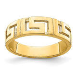 14k gold Greek key band ring with tapered shank, elegant jewelry piece from Solomon Jewelers, featuring intricate design details.