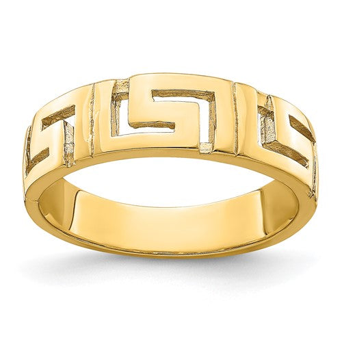 14k gold Greek key band ring with tapered shank, elegant jewelry piece from Solomon Jewelers, featuring intricate design details.