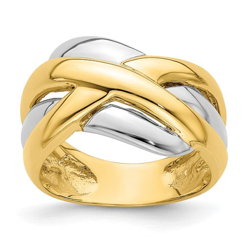 14k two-tone cross design ring featuring a cross pattern, crafted in gold, showcasing a stylish jewelry piece from Solomon Jewelers.