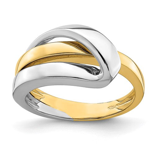 14k two-tone polished ring with folded design, showcasing elegant jewelry craftsmanship and a sleek, modern style.