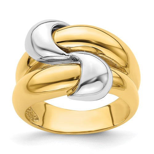 14K two-tone polished knot dome band ring with a smooth finish, featuring a stylish intertwined knot design.