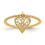 14k gold dangle heart ring with intricate design, jewelry ring featuring a delicate heart motif, by Solomon Jewelers.