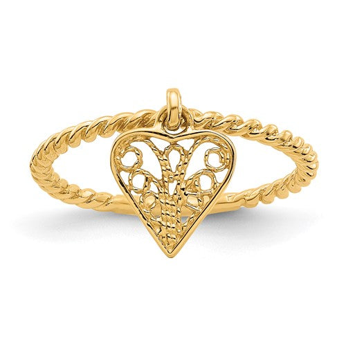 14k gold dangle heart ring with intricate design, jewelry ring featuring a delicate heart motif, by Solomon Jewelers.