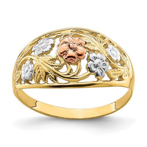 14k tri-color gold floral dome ring with white rhodium accents, elegant jewelry ring showcasing intricate design and craftsmanship.
