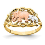 14k two-tone white and yellow gold elephants ring featuring two elephants, crafted by Solomon Jewelers.