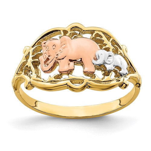 14k two-tone white and yellow gold elephants ring featuring two elephants, crafted by Solomon Jewelers.