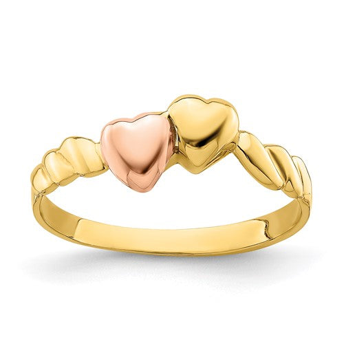14k two-tone two hearts ridged band ring from Solomon Jewelers, featuring a stylish two-heart design and textured ridged pattern.