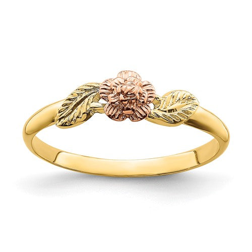 14k two-tone gold leaves and flower ring featuring delicate design, crafted by Solomon Jewelers.