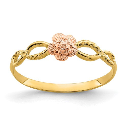 14k two-tone flower ring featuring gold and silver accents, elegant jewelry ring with floral design from Solomon Jewelers.