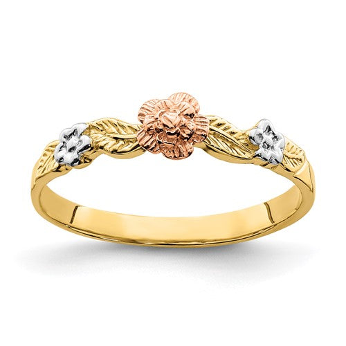 14k two-tone white rhodium flower ring from Solomon Jewelers, featuring intricate floral design and polished finish.