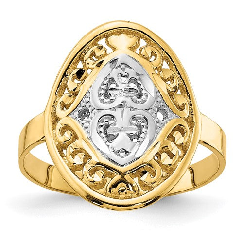 14k gold ring with rhodium-plated oval shield and heart designs, featuring intricate jewelry craftsmanship.