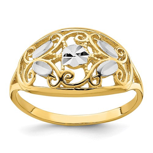 14K white gold rhodium-plated oval filigree ring with intricate design, crafted by Solomon Jewelers.