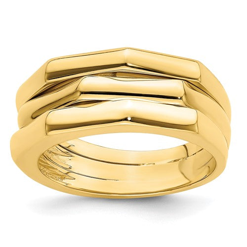14k gold polished three-ridged dome ring, elegant jewelry piece with smooth, rounded design from Solomon Jewelers.