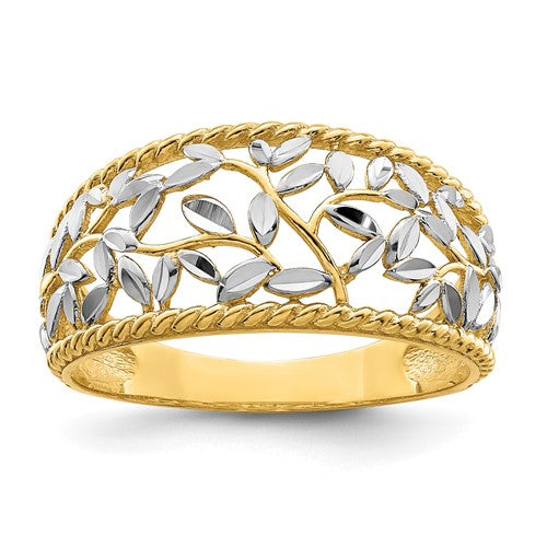 14k white gold diamond-cut filigree leaf ring with rhodium plating, featuring intricate leaf design and sparkling diamond accents.