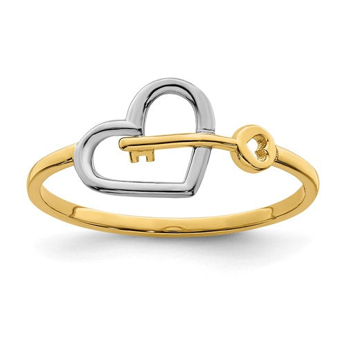 14k gold ring with rhodium-plated heart and key design, featuring intricate jewelry craftsmanship from Solomon Jewelers