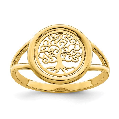 14k polished Tree of Life in Circle ring by Solomon Jewelers, showcasing detailed gold jewelry with intricate tree design.