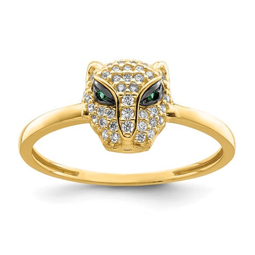 14K polished green and white CZ lioness head ring, jewelry ring with detailed lion design, from Solomon Jewelers.