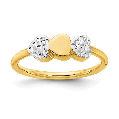 14K gold and white rhodium hearts ring featuring diamond accents, displayed in a close-up view of the Solomon Jewelers jewelry collection.