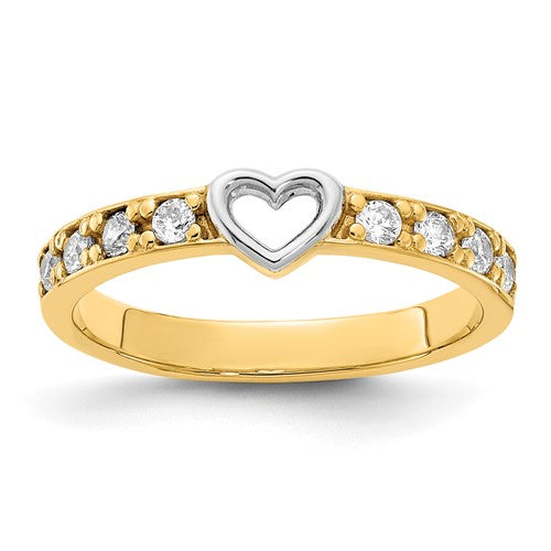 14K gold and white rhodium CZ heart-shaped ring featuring sparkling cubic zirconia stones, crafted by Solomon Jewelers.