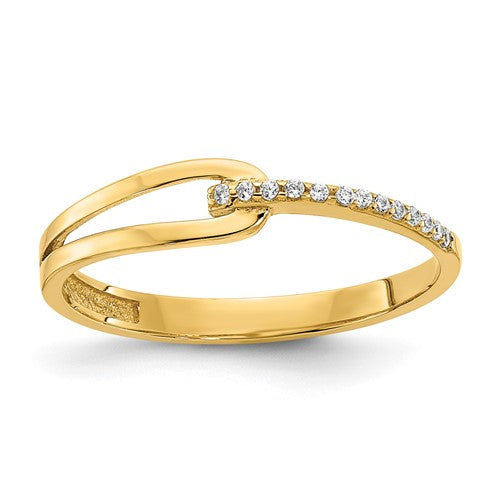 14K polished fancy CZ ring featuring sparkling cubic zirconia stones, crafted by Solomon Jewelers, displayed on a neutral background.