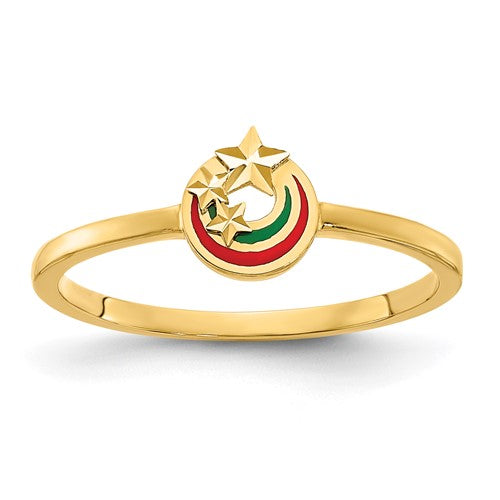 14K gold enameled ring with diamond-cut star accents, elegant jewelry piece featuring vibrant colors and intricate star designs.