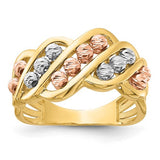 14K tri-color gold polished and diamond-cut beads fashion ring with intricate detailing, crafted by Solomon Jewelers.