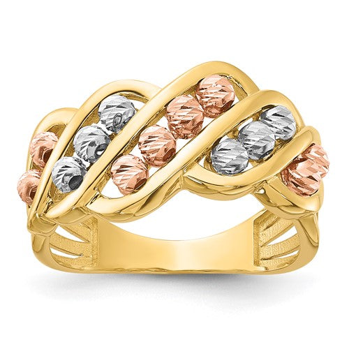 14K tri-color gold polished and diamond-cut beads fashion ring with intricate detailing, crafted by Solomon Jewelers.